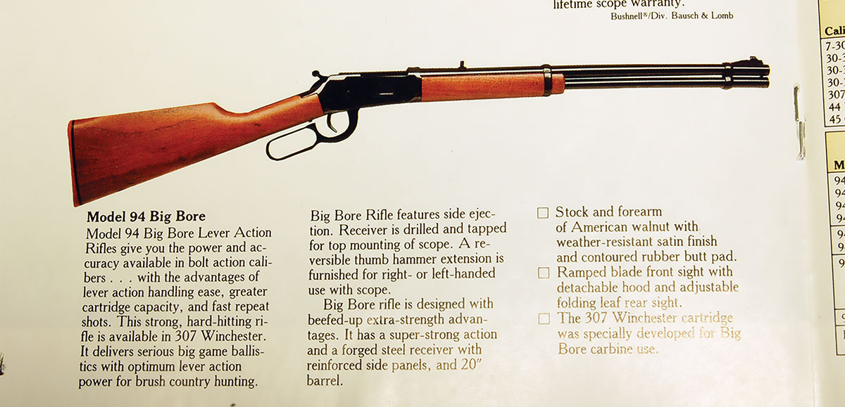 This is an early ad for the Big Bore Model 94 that for some reason doesn’t mention the 356 Winchester cartridge.